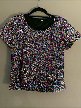 Women's Multicolor Sequin Short-Sleeve Tee